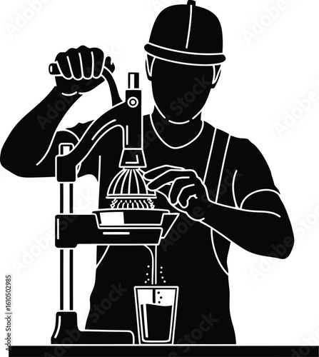 Vector art of a man is manually squeezing fresh juice with a vintage juicer