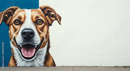 Cheerful dog mural painted on a blue and white brick wall with copy space