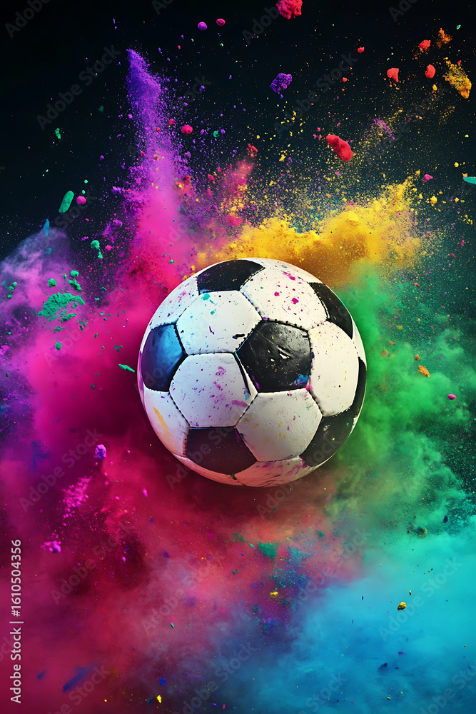Fototapeta premium A dynamic soccer ball surrounded by vibrant colored powder bursts in a dark background