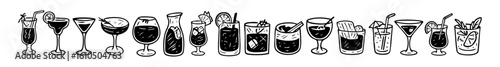 Black and white ink drawing of cocktail glasses and test tubes for science and celebration illustration