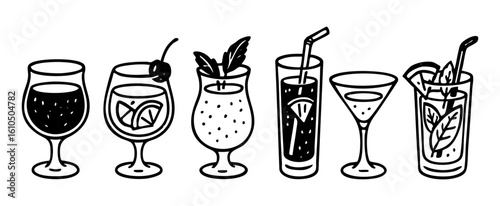 Illustrative cocktail glasses with cherry and mint leaves, summer drink vector art, black and white line drawing