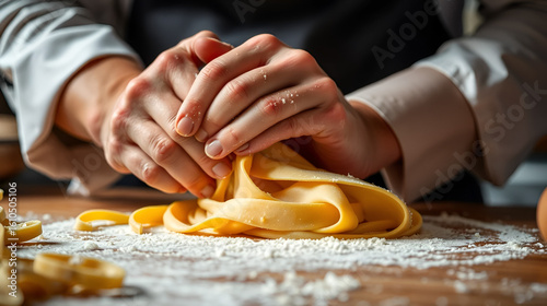 Close-up chef's hands kneading pasta dough conveys the expertise and care taken in the art of cooking. This can be used in advertisements that emphasize the quality and meticulousness of the food.