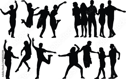 Group of people silhouette, happy jumping friends, social gathering, dancing poses, joyful motion, youth celebration vector art