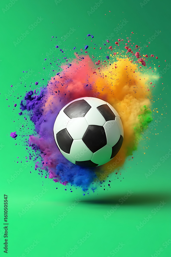Naklejka premium Colorful explosion of powder surrounding a soccer ball on a vibrant green background