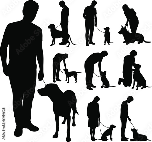 Dog training silhouette, man with dog vector, pet obedience, leash training, walking dog, dog trainer illustration