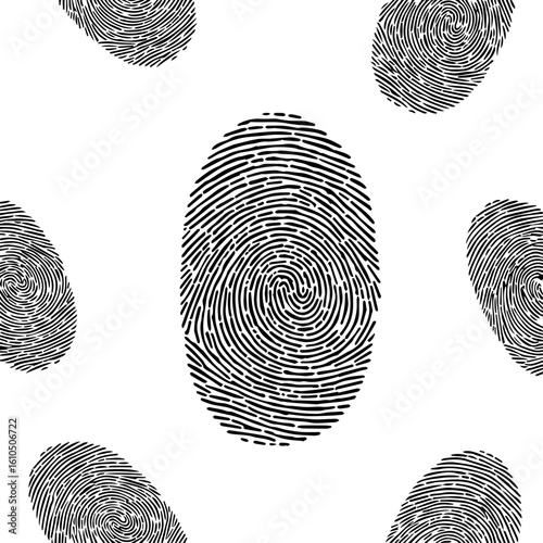 Seamless Pattern of Black Fingerprints on White Background, Unique Identification