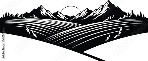 Vector art of a picturesque black and landscape showcases rolling fields leading to majestic mountains beneath a rising sun, creating a serene rural scene