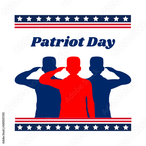 Patriot Day September 11 tribute illustration with saluting men US flag and heroes remembrance honoring first responders