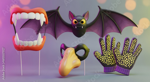 A collection of fun 3D Halloween costume props including vampire fangs, a cartoon bat, witch nose, and monster gloves.