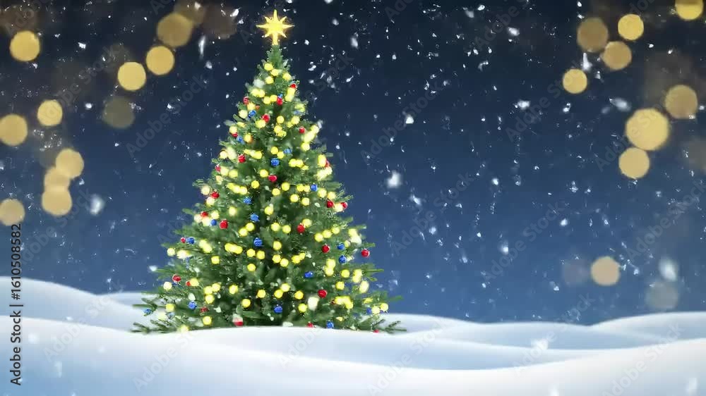 Snowy Night, Decorated Christmas Tree, Festive Lights, Winter Wonderland, Holiday Card Snowy Night, Decorated Christmas Tree, Festive Lights, Winter Wonderland, Holiday Card
