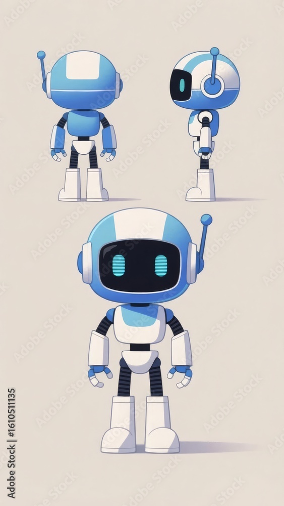 Naklejka premium Three views of a futuristic humanoid robot with blue and white design