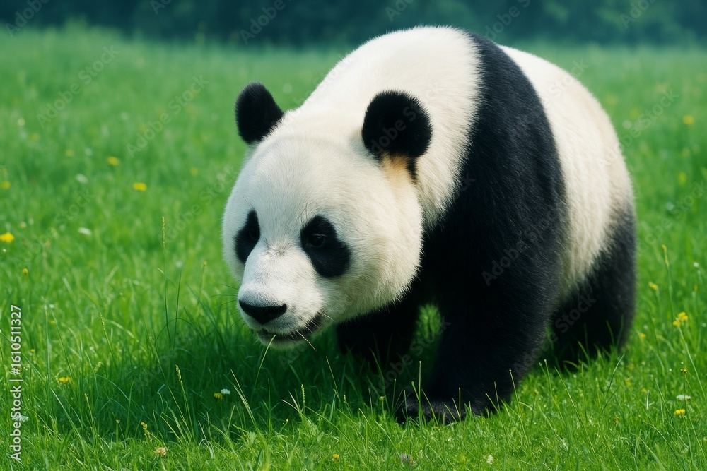 Naklejka premium Giant panda walking on green grass field with soft sunlight and forest background, showcasing natural wildlife scene in daylight setting. Ai generative