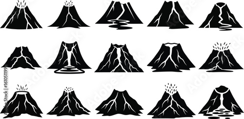 Vector art of a collection of volcano silhouettes depicts various stages of eruption, lava flow, and volcanic activity