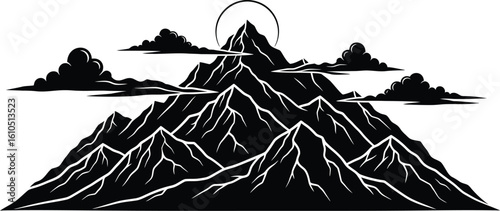 Vector art of a majestic mountain range with clouds and a sun rising behind the peaks