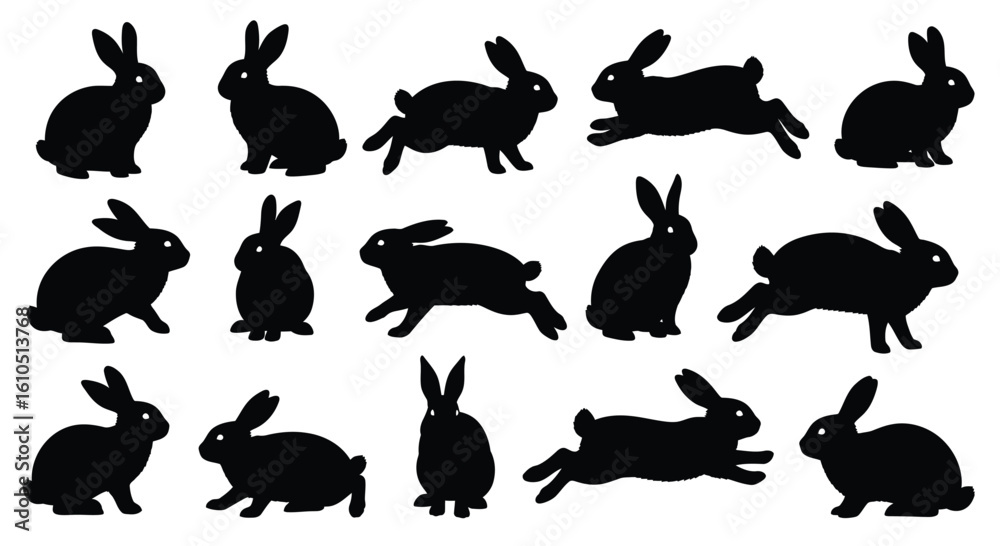 Obraz premium Black Rabbit Silhouette Collection Set on White Background for Easter and Spring Holidays Designs Vector Illustration