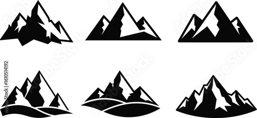 Vector art of a collection of mountain peak icons and symbols in silhouette