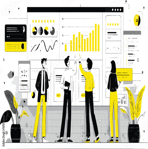 People standing in front of a large screen displaying customer reviews and ratings information online