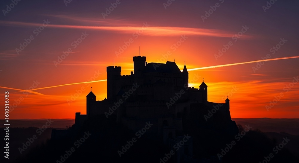 Obraz premium Majestic castle silhouette against a vibrant sunset sky with contrails
