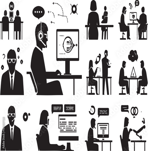 Icon set showing customer service representatives and ai chatbots in black and white style isolated