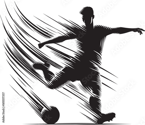  A dynamic silhouette depicts a soccer player energetically kicking a ball, emphasizing movement and action. The illustration utilizes bold lines to convey speed.eps