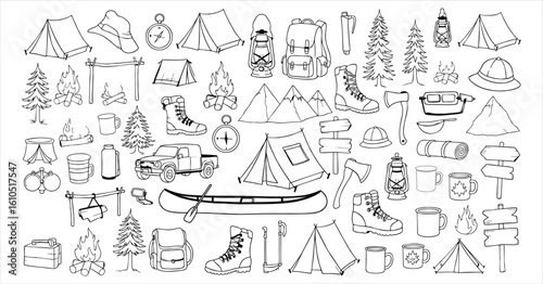 Winter Camping Doodle Vector Icons – Tent, Sled, and Snow Equipment Line Art

