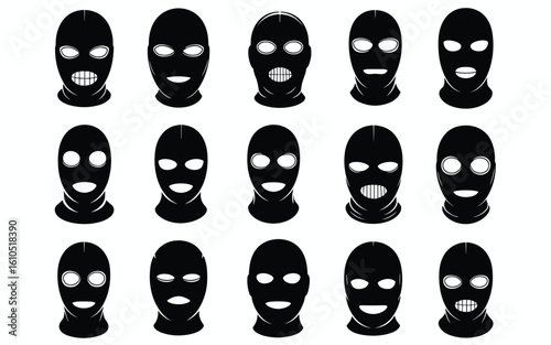 Ski Mask Silhouette Grid – 16 Expressive Variants for Crime, Costume & Subculture Design