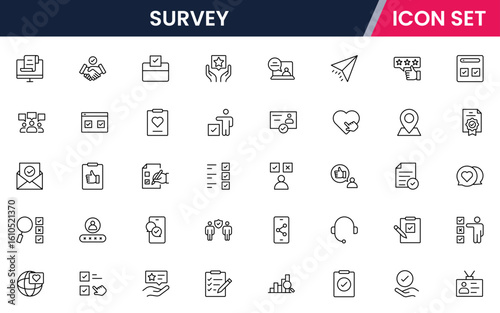 Survey vector line icons featuring questionnaires, check boxes, charts, data collection, feedback forms, analysis, polls, responses, and statistical insights.