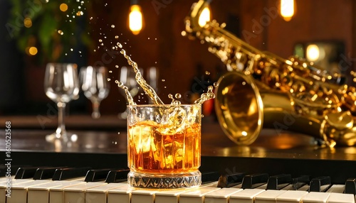 Whiskey Splash with Musical Instrument on Piano Keys
