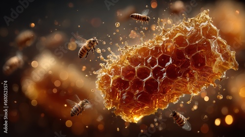 Amber yellow bee hive hexagonal structure, wax texture for biological concepts and sustainable agriculture themes.