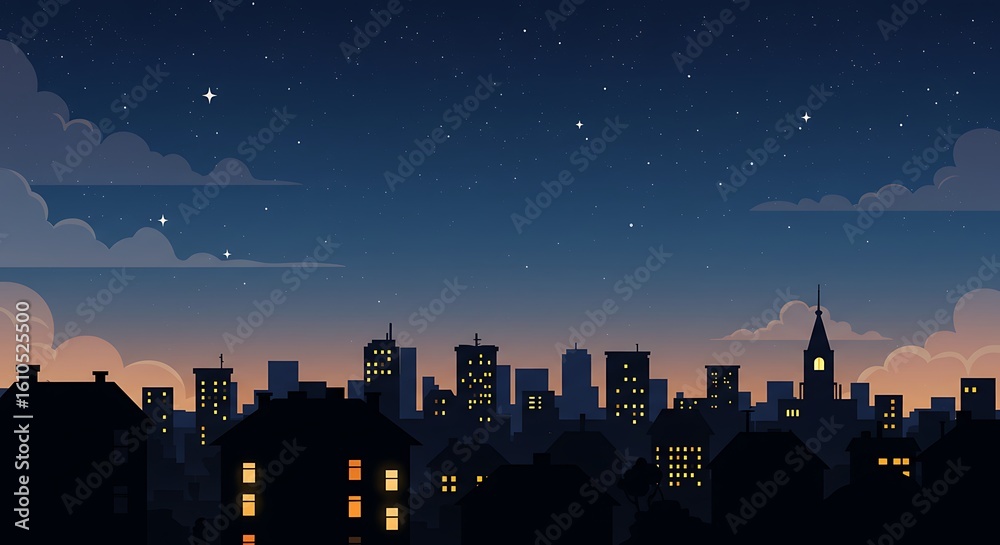 Fototapeta premium Silhouette Cityscape with Glowing Windows Under Night Sky