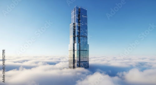 Tall skyscraper emerging above a sea of clouds blue sky