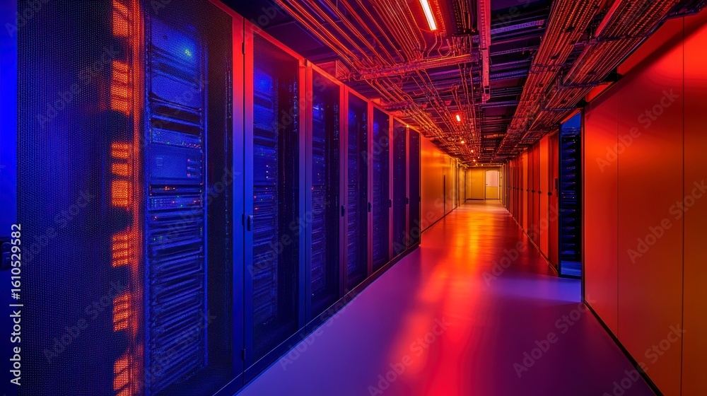 Fototapeta premium Server room corridor with racks of servers lit in red and blue.