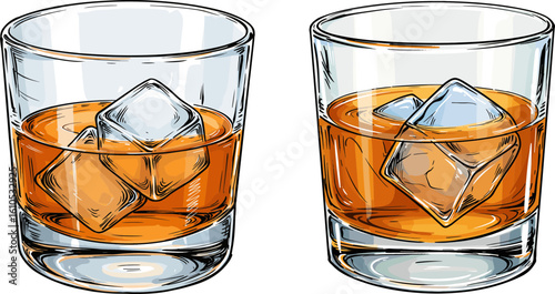 Two glasses of whiskey with ice cubes on white background  
