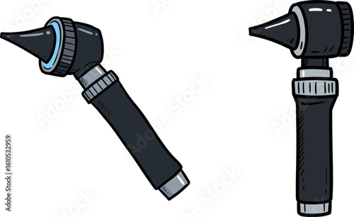 Medical otoscope tool with black handle and optical viewing lens  