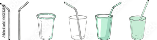 Various drinking straws and transparent cups in different styles  