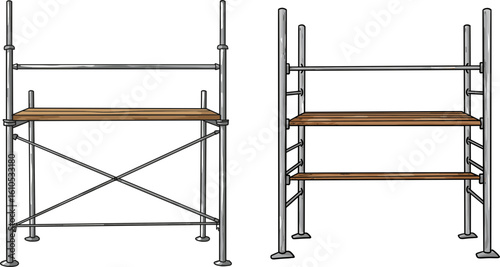 Metal scaffolding with wooden shelves in industrial style  