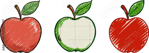 Sketch of three apples in red and green colors with leaves  