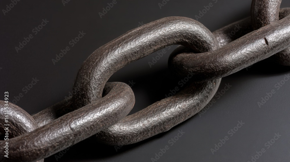 Fototapeta premium A close-up of a heavy-duty metal chain link with a textured surface, reflecting light on its glossy finish,
