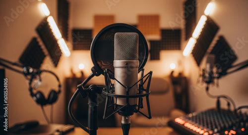 A close-up view of a professional podcast or voice recording studio setup. Featuring a high-quality Shure microphone with a pop filter, boom arm, acoustic panels, and warm lighting ambiance