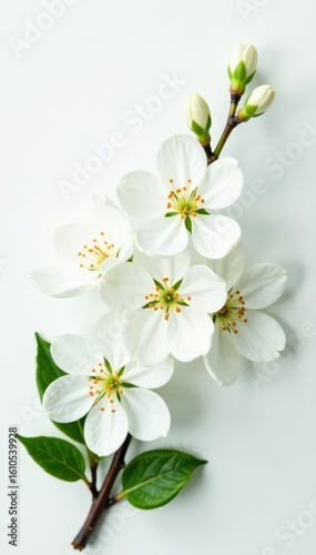 Delicate white blossoms, ethereal leaves on pure white backdrop, element, petals