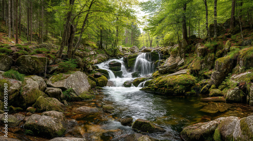 A scenic view of a small waterfall cascading through a lush green forest landscape