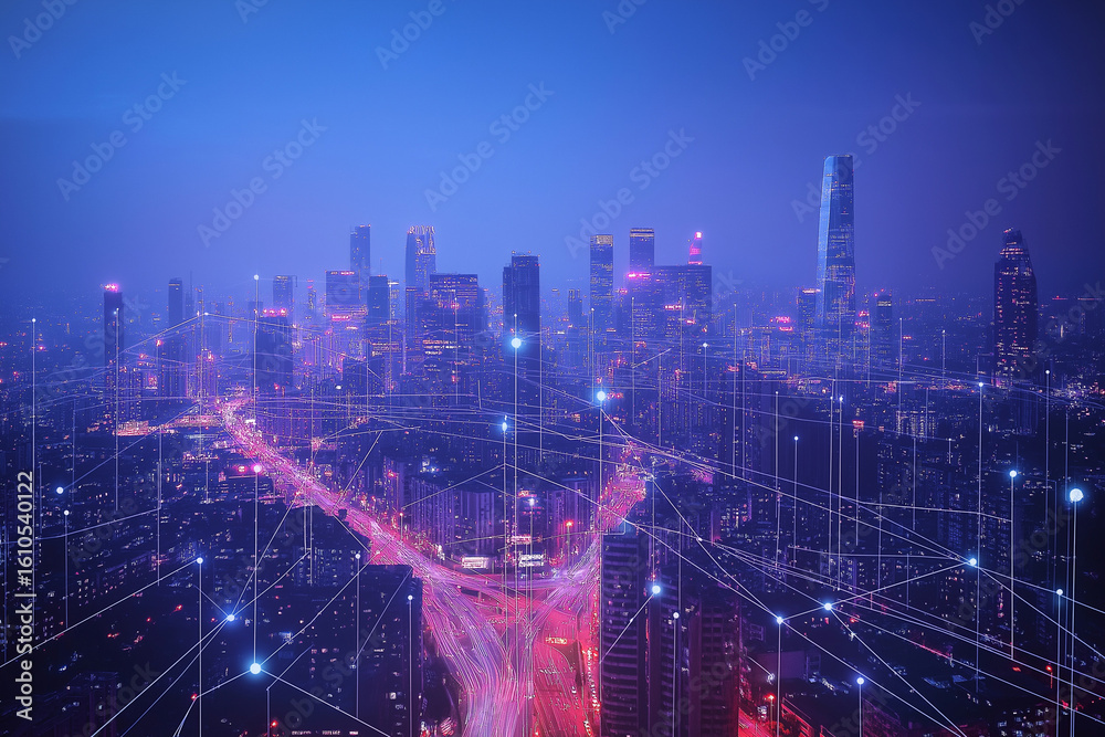 Fototapeta premium Futuristic smart cityscape with digital IoT connectivity, network infrastructure, and advanced architectural design - Conceptual illustration