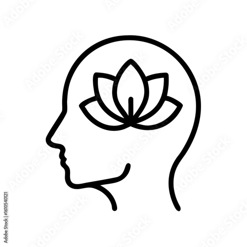 Outline of a human head profile with a lotus flower blooming inside the brain symbolizing mindfulness and inner peace silhouette