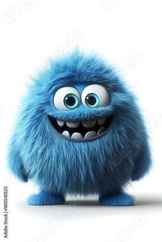 Cute blue fluffy creature with big eyes and a cheerful expression, set against a simple background