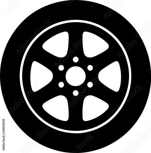 A stark black and white silhouette of a car wheel with five spokes and a central hub