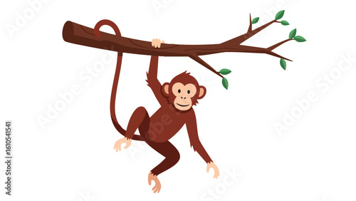 Cartoon Monkey Hanging from Tree Branch 1: monkey,  cartoon,  animal,  primate,  branch, and more. This image captures various elements such as  tree,  leaves,  illustration,  vector,  wildlife.