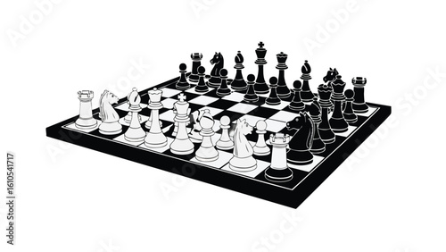 Chessboard with chess pieces illustration: Chess,  chessboard,  pieces,  game,  strategy, and more. This image captures various elements such as  competition,  board,  king,  queen,  rook.