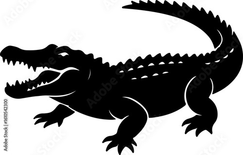 Aggressive alligator with open jaws and sharp teeth depicted in a bold black silhouette
