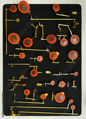 Saxophone keys organized on black surface during repair by luthier