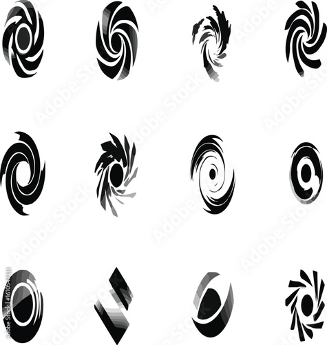 Six abstract black and white designs resembling celestial bodies and geometric shapes on a white background